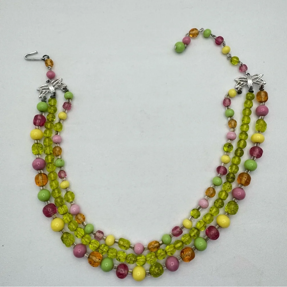 Vintage Japan Colorful Glass Bead 3 Strand Necklace Retro Statement Spring